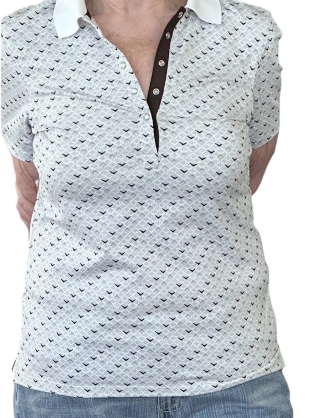 Callaway Golf Shirt Polo Womens Medium Gray Geo Print 1/2 Snap Button Club West
